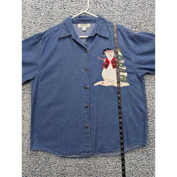 VTG 90s Denim Button Up Shirt Size L Snowman Christmas Grandma Cottagecore Blue - Picture 9 of 10